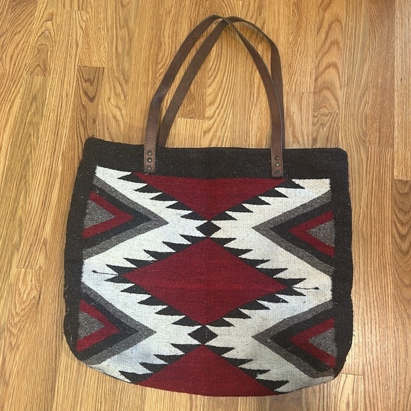 Vintage Navajo blanket bag oversize shoulder tote brown red bone 21”w  18” h - Picture 11 of 11